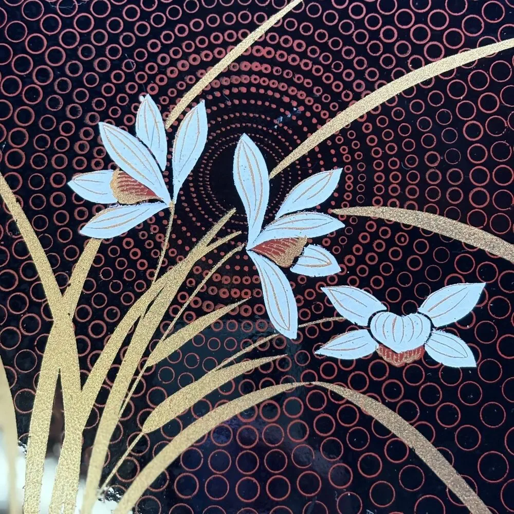 Vintage Japanese Lacquerware Tray Black Gold Iris Orchid Floral MCM Bar Vanity